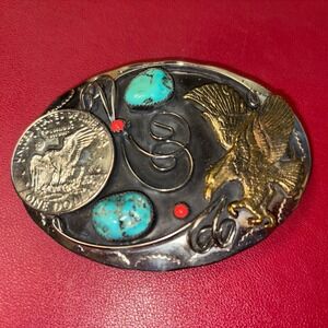 Large Turquoise and Coral Eagle Authentic $1 Coin Southwestern Style Belt Buckle